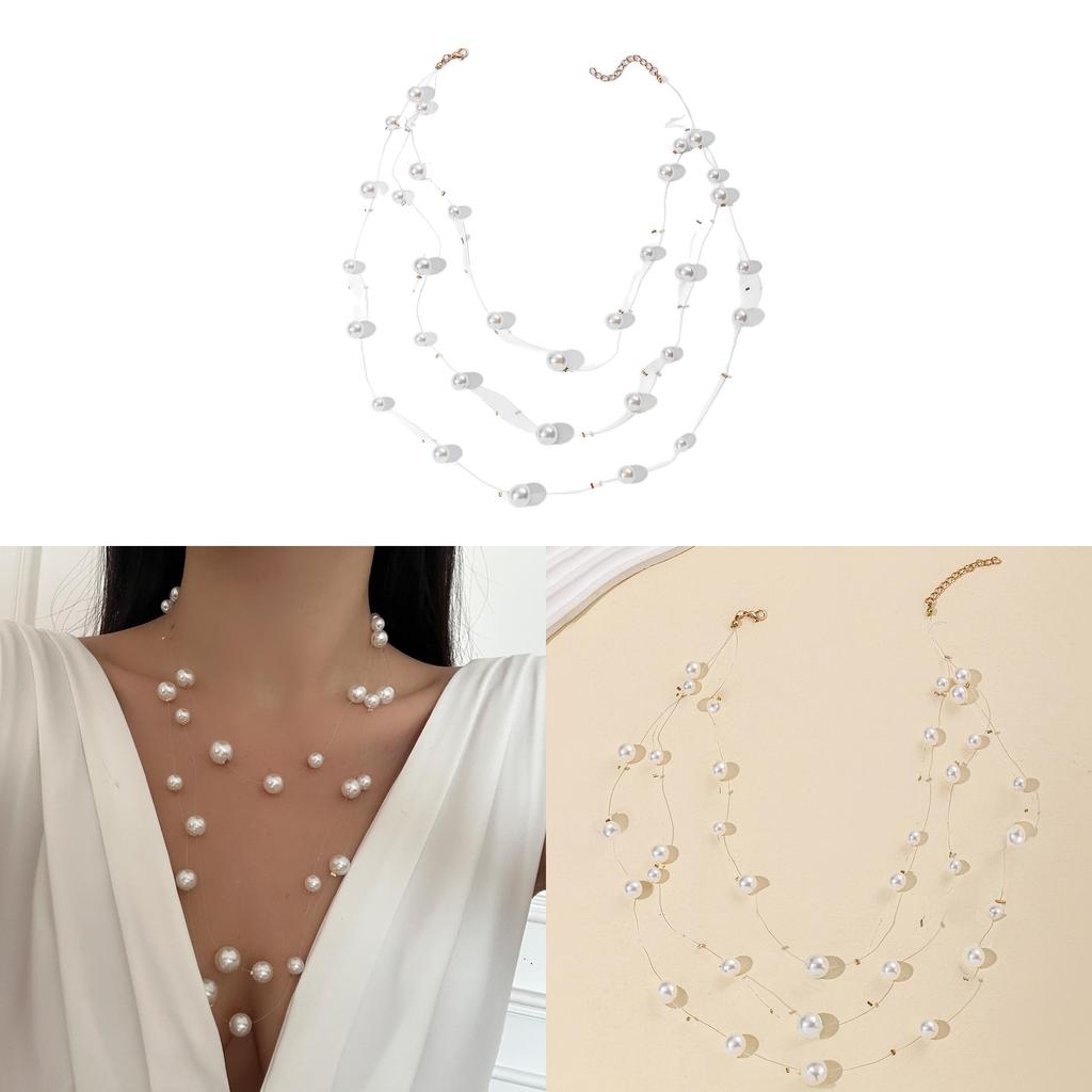 Collana a Strati di Perle da Donna con Design Geometrico e Finitura Galvanizzata
