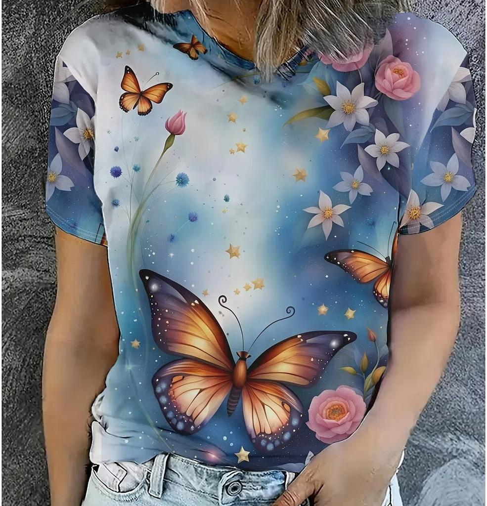 Plus Size Letnia Moda Damska Koszulka Piękne Kwiaty Stylowy Nadruk Swobodny Okrągły Dekolt Krótki Rękaw Topy Koszulki Odzież