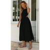Abito midi da donna a maniche corte con collo alto, tinta unita, linea ad A, casual, senza schiena, lungo