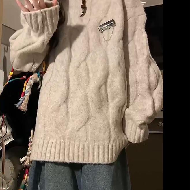 Women's Red Cable Knit Sweater - Simple, Loose, and Cozy for Christmas, New Year, Autumn, and Winter.