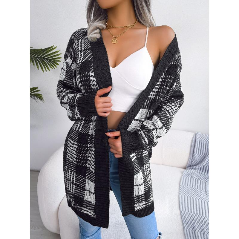 Dámský podzimní a zimní kostkovaný krajkový ležérní kardigan s lucernovými rukávy