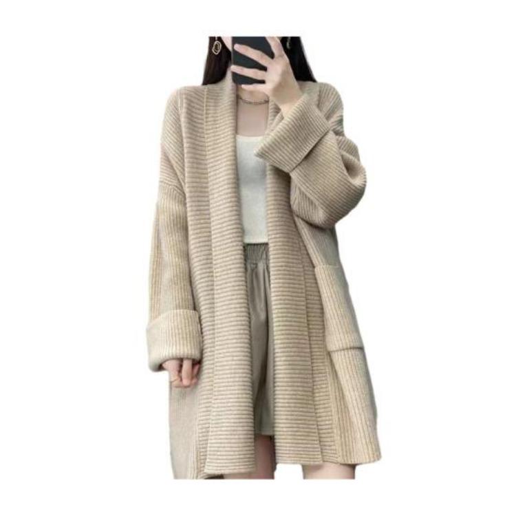 Loose Fit Mid Length Open Front Cardigan Sweater Coat for Women Lapel Long Sleeve Large Pockets Solid Color Outwear
