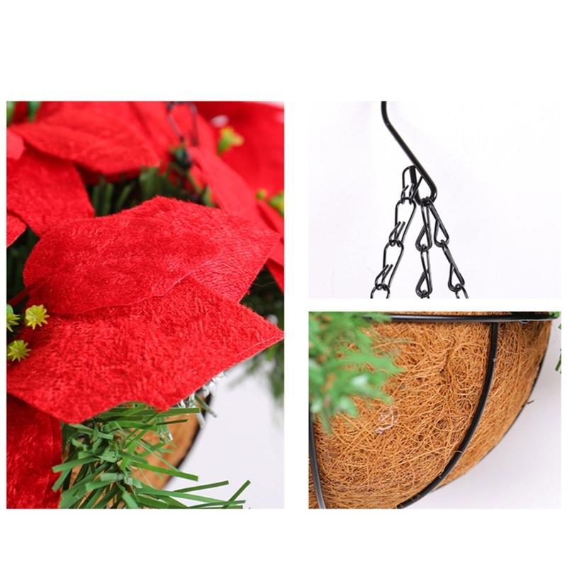 Artificial Poinsettia Floral Red Flowers Hanging Basket with LED Lights Christmas Hanging Basket Create Warm Atmosphere