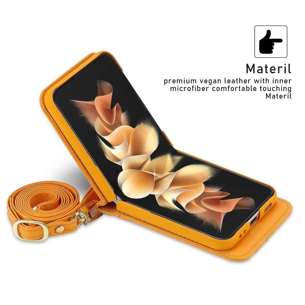 Suitable for Samsung Z Flip4 mobile phone leather case, folding mobile phone fashion card oblique span bag, strap mobile phone case