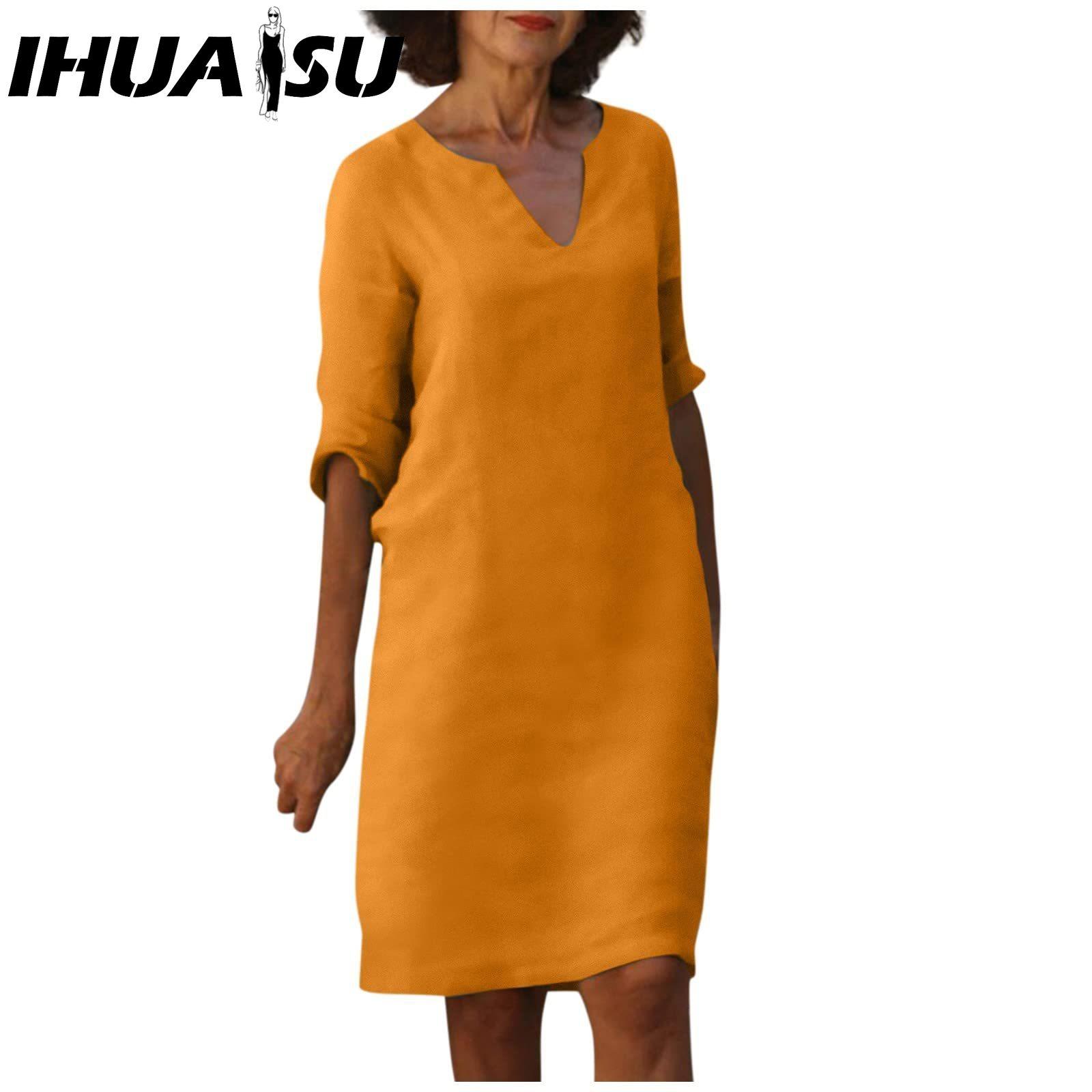 

IHUASU Женское летнее однотонное платье из хлопка и льна в стиле ретро с V-образным вырезом и короткими рукавами, легкое дышащее платье M оранжевый