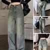Calça jeans feminina cintura alta com zíper botão fechamento cor sólida perna larga solta até o chão retrô desgastado bolsos retos macio colorfast calça jeans feminina
