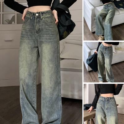 Women Jeans High Waist Zipper Button Closure Solid Color Loose Wide Leg Floor Length Retro Distressed Straight Pockets Soft Colorfast Lady Denim Pants