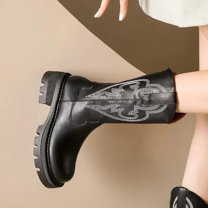 Embroidered Cowboy For Women New  Round Toe Platform Boots Retro Classic Western Cowgirl Trendy Mid-Calf