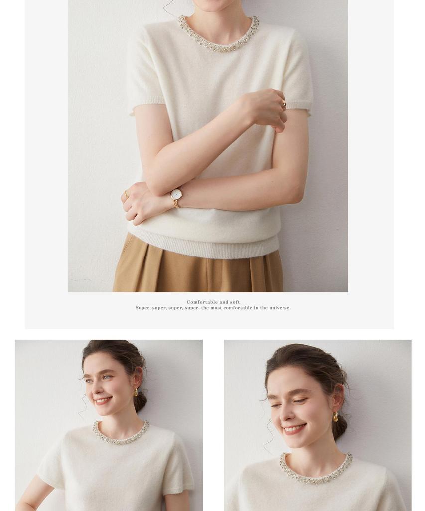 Women's Rhinestone Cashmere Sweater - Short-Sleeved, Skin-Friendly Knit, Round Neck, Perfect for Autumn/Winter.