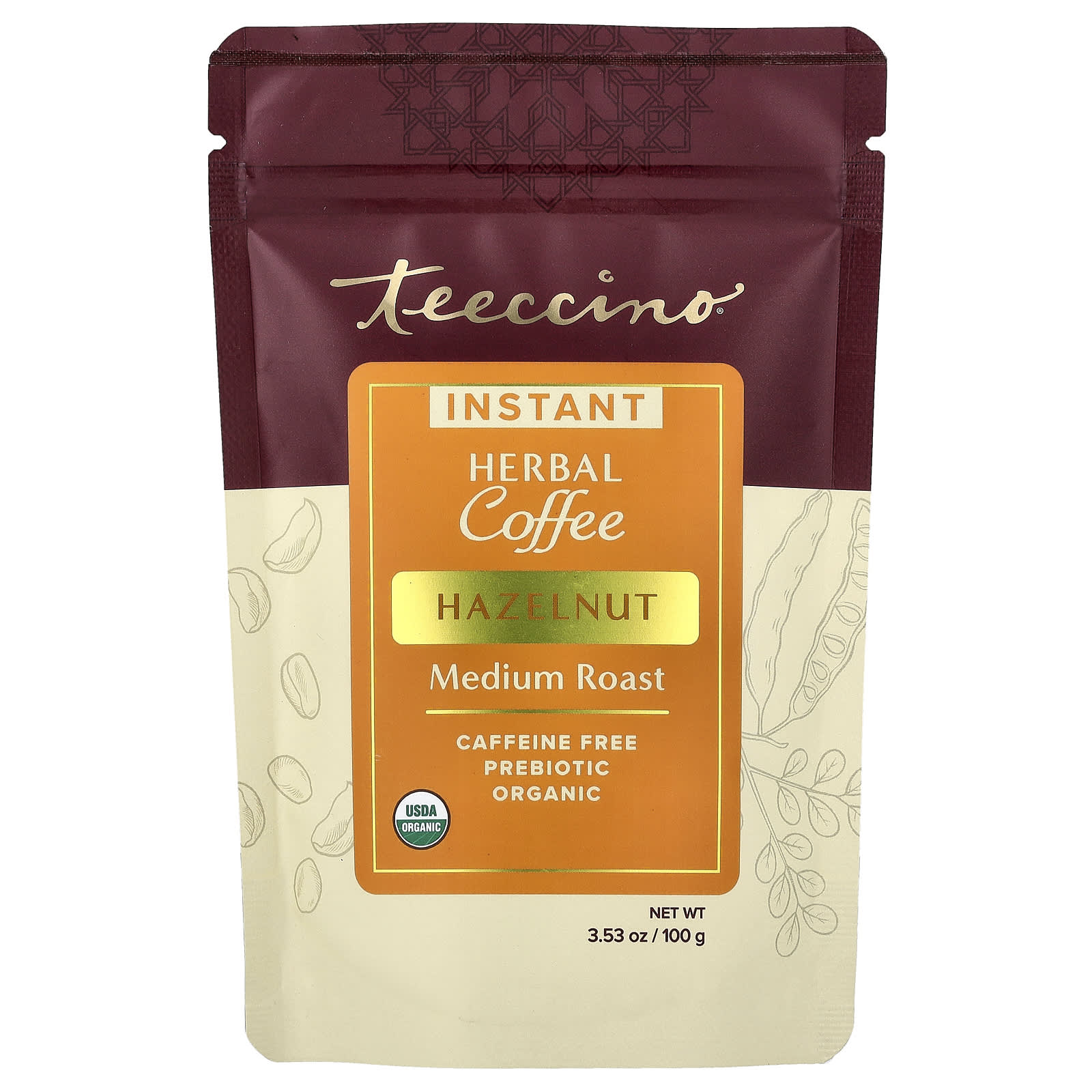 

Teeccino, Instant Herbal Coffee, Hazelnut, Medium Roast, Caffeine Free, 100g (3.53oz)