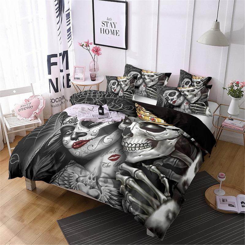 Set de trei piese 3D Textile de casă Lenjerie de pat Schelet Femeie frumoasă Imprimeu Husă de pilotă Cearșaf