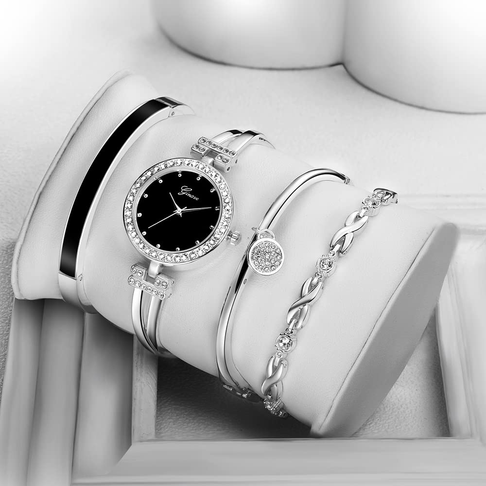 JEWELRYWE Watches and Bangle Simple and Analog Perfect Gift for and Day Women's Set, Cute, 4-Piece Set, Display, Waterproof, Popular, Stylish, Silver,