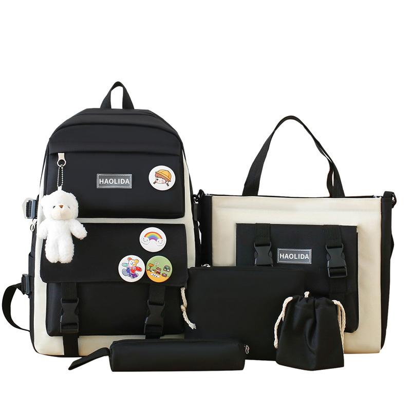 Schoolbag set backpack canvas four-piece set five-piece set student schoolbag Harajuku junior high school students class backpack wholesale