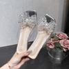 Rhinestone transparent cool slippers women's summer new square head fashionable versatile crystal thick high-heeled slippers