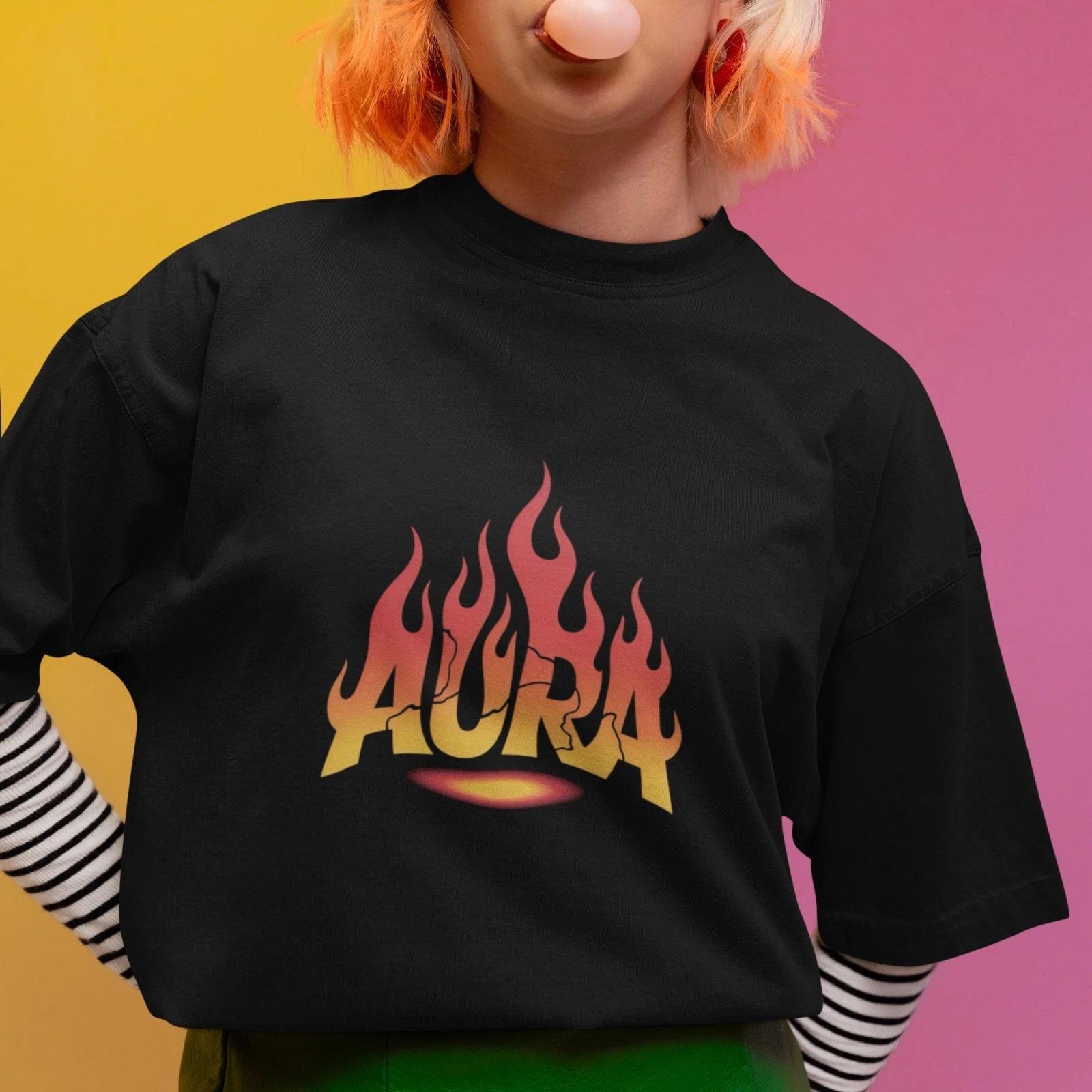 AURA Flame Graphic T-Shirt Fire Letters Streetwear Aesthetic Trendy Tee Unisex XL