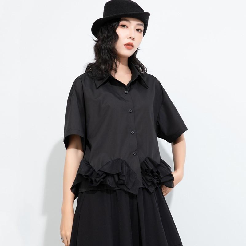 short sleeve oversized cotton mesh vintage black shirts & blouses for blouse Casual loose summer crop tops women button up shirt