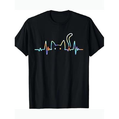 Cute Cat T-Shirt Heartbeat Cat Lover Animal Silhouette Cute Kitten Print Short Sleeve Four Seasons Tops Comfortable Casual Tee