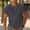 Men's Gray V-Neck Short Sleeve T-Shirt Two-Button Placket Slim-Fit Casual Daily Basic Top