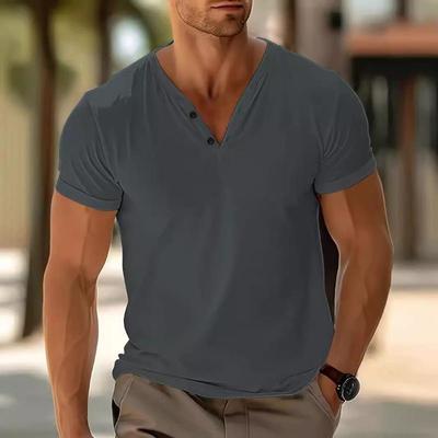 Herren Graues V-Ausschnitt Kurzarm T-Shirt Zweiknopfleiste Slim-Fit Lässiges Tägliches Basic Oberteil