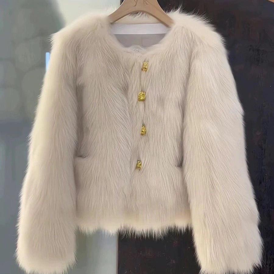 ქალის მოკლე შემოდგომა-ზამთრის ახალი გასქელებული ტემპერამენტიანი პლუშის ტოპი, იმიტაცია მელას ბეწვის ქურთუკი