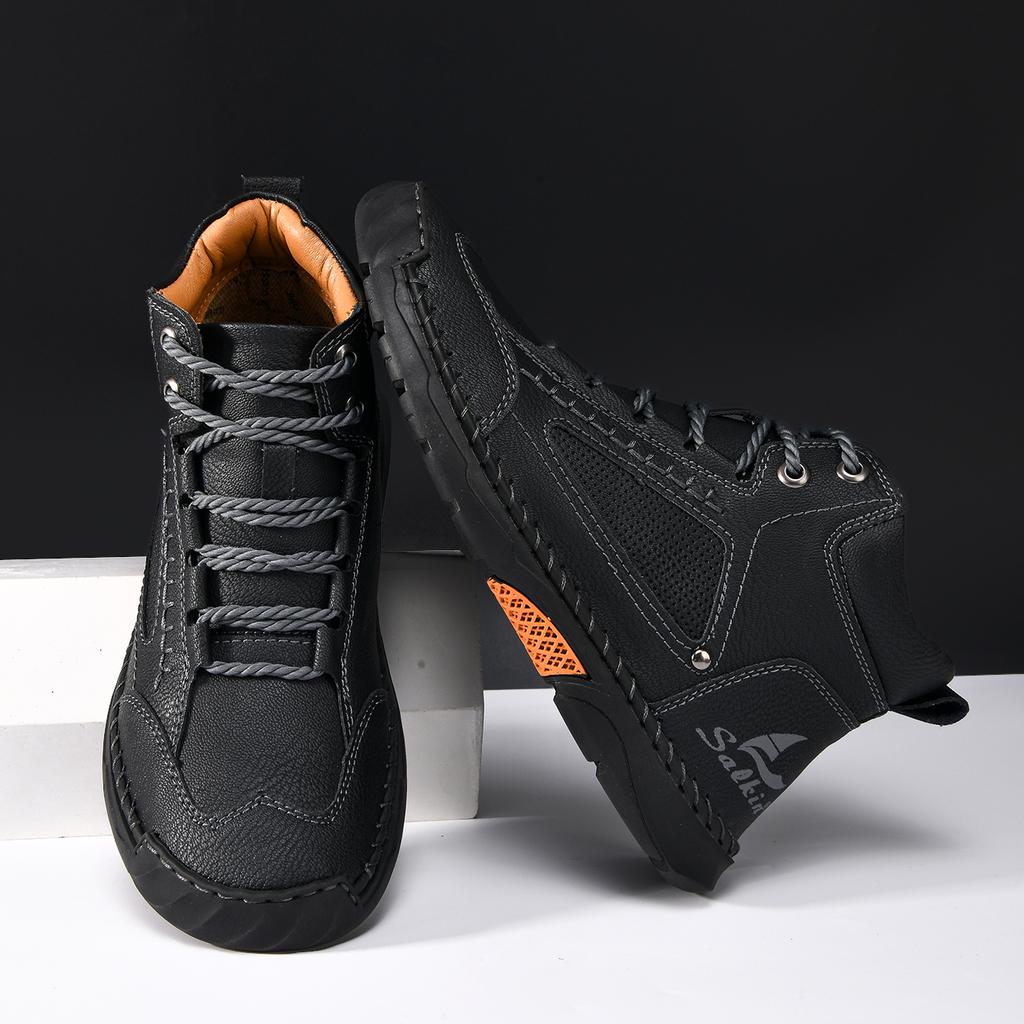 New Handmade Casual Leather Shoes Men Ankle Boots Outdoor Shoes Sneakers Spring Retro Breathable Lace Up Non-Slip Walking Shoes