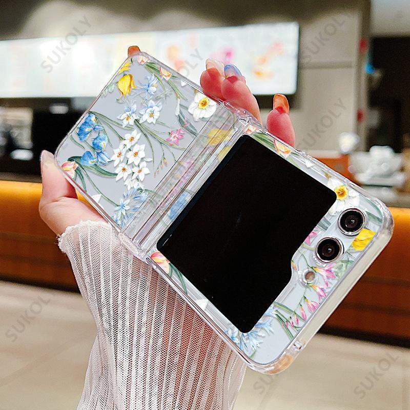 Flower Pattern Clear Case For Samsung Galaxy Z Flip 7 FE 6 5 4 3 Transparent Hard Folding Cover For Samsung Z Flip5 Flip4 Flip6
