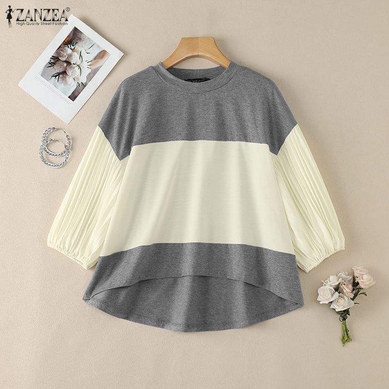 ZANZEA Blusa Casual de Mujer con Cuello Redondo, Manga 3/4, Holgada, con Empalme