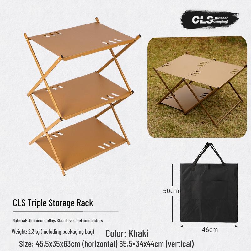 CLS Portable Aluminum Camping Table: Foldable 3-Layer Storage Rack for Outdoor Picnic and BBQ.