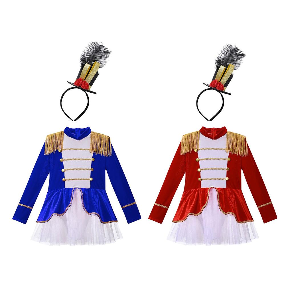 Kids Ringmaster Costume Set for Girls Long Sleeve Tassel Shoulder Tutu Leotard Dress with Top Hat Headband for Halloween