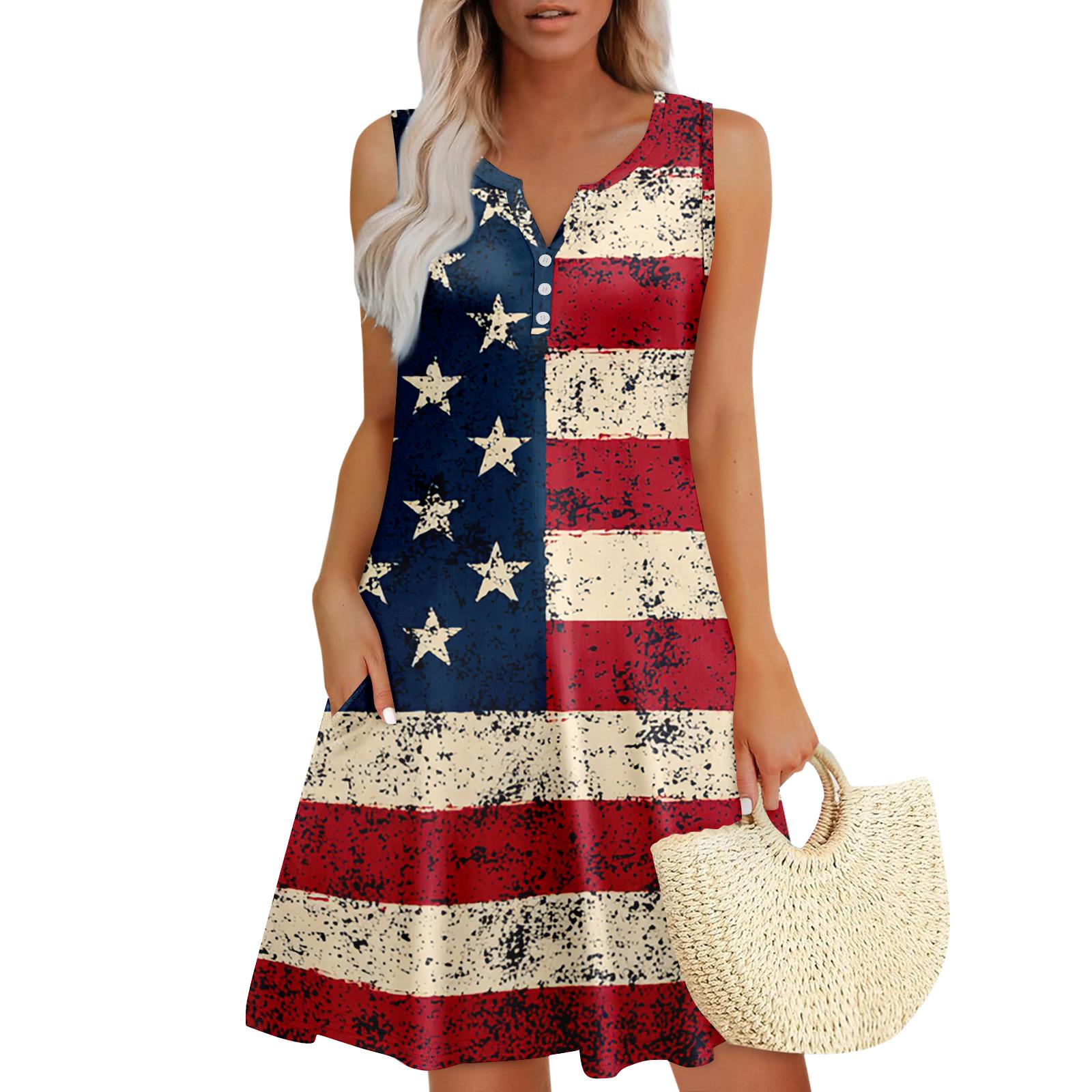 

Sleeveless V Neck A Line Casual Dress with Star and Stripe Printed Pattern Relaxed Fit for Women Summer Wear XL винний