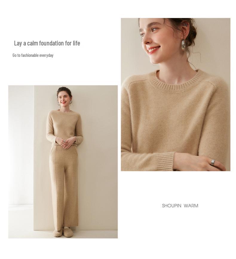 Women's Pure Cashmere Round Neck Sweater - Thickened Knit Pullover, Saddle Shoulder, Autumn/Winter Base Layer.