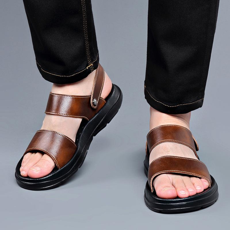 Men's Plus Size Cowhide Sandals: 2025 Summer Dual-Use Indoor/Outdoor Beach & Casual Roman Shoes