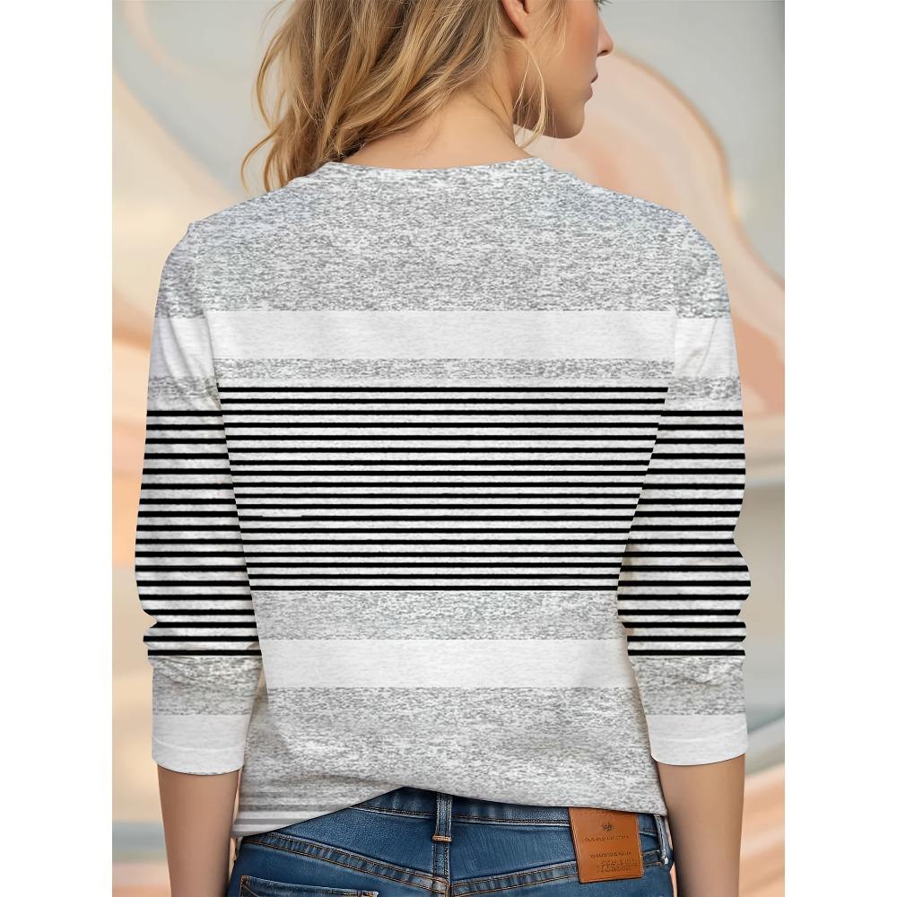 Gray and black striped spliced long-sleeved T-shirt, simple casual top, women's T-shirt, women's long-sleeved