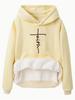 European Size Fleece Lined Women's Hooded Sweatshirt with Kangaroo Pocket and Cross Print - Long Sleeve, Autumn/Winter