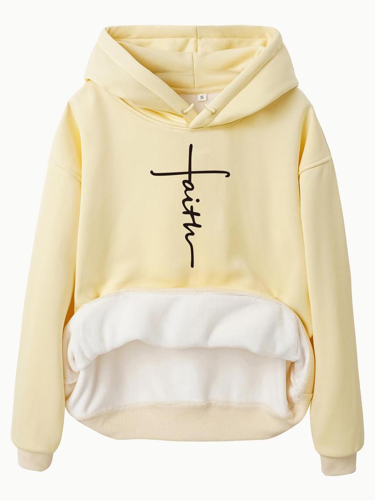 European Size Fleece Lined Women's Hooded Sweatshirt with Kangaroo Pocket and Cross Print - Long Sleeve, Autumn/Winter