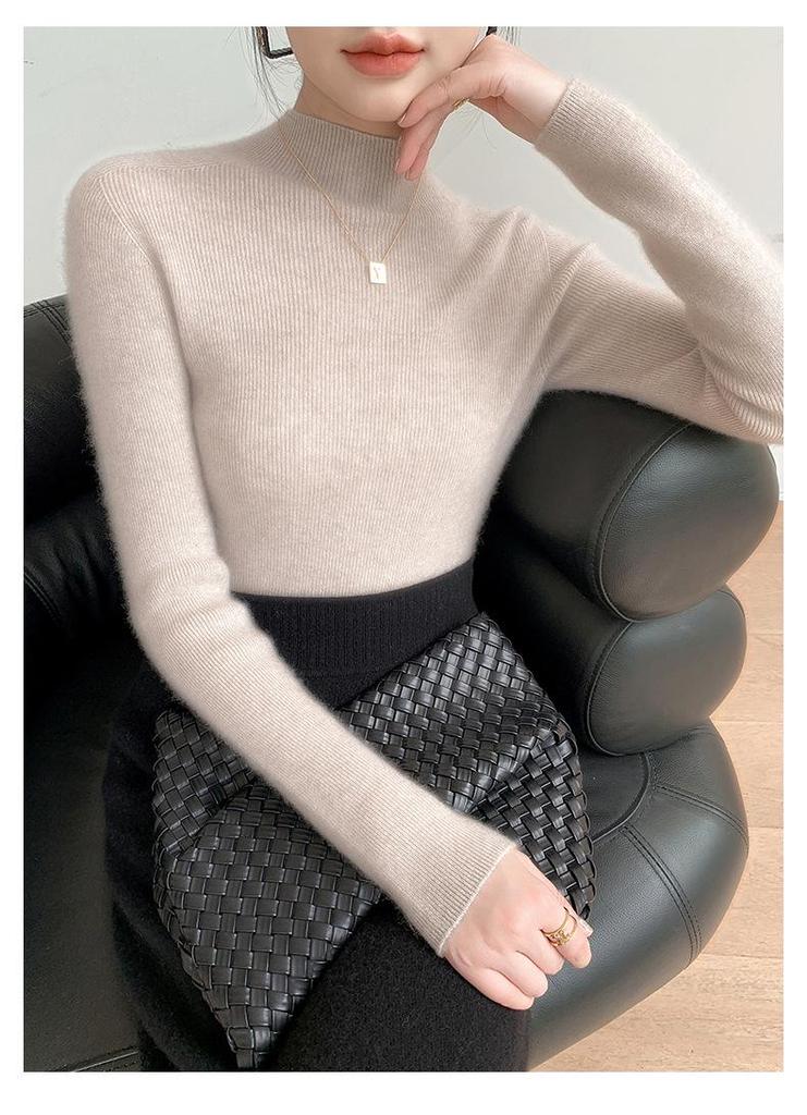 Women's Ribbed Cashmere Sweater: Half-High Neck, Slim-Fit, AW24 Collection, Warm Wool Knit Base Layer.