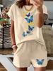 Women's Summer Casual Fashion Butterfly Pattern Printed Loose+round Neck Short Sleeved T-shirt+loose Shorts Two-piece Set