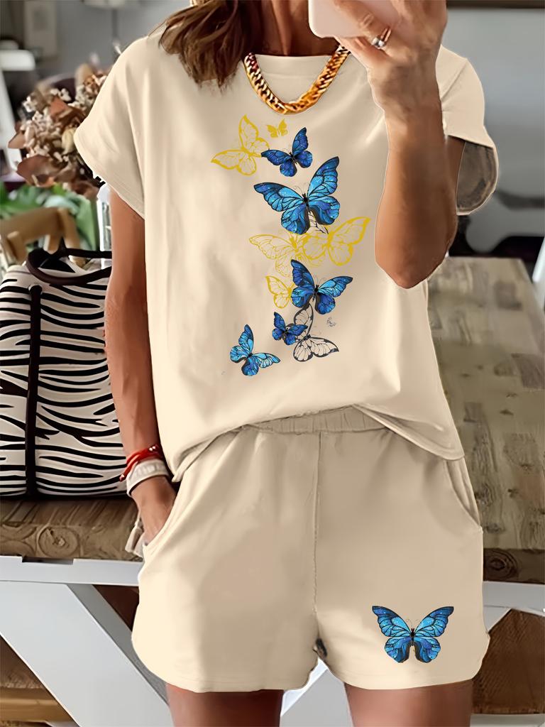 Women's Summer Casual Fashion Butterfly Pattern Printed Loose+round Neck Short Sleeved T-shirt+loose Shorts Two-piece Set