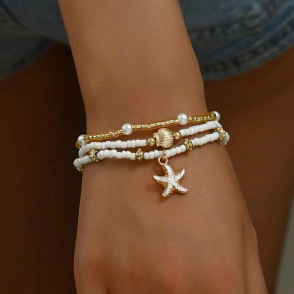 Pack Of 3 Bohemian Adjustable Layering Beaded Necklace/Bracelet With Starfish Shell Pendant For Women Beach Jewelry