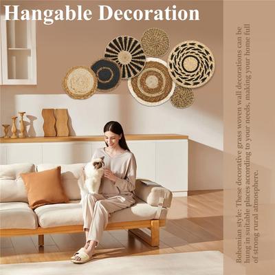 7 Peças Cestas de Parede Boho Formato Redondo Rattan Vime Decoração de Parede Decoração de Quarto Capim-marinho Arte de Parede Feita à Mão