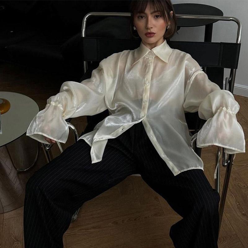 Fashion Loose Beige Shirt Women's Casual Sun Protection Solid Button Outwear Shirt Long Sleeve Top Thin See Through Shirt