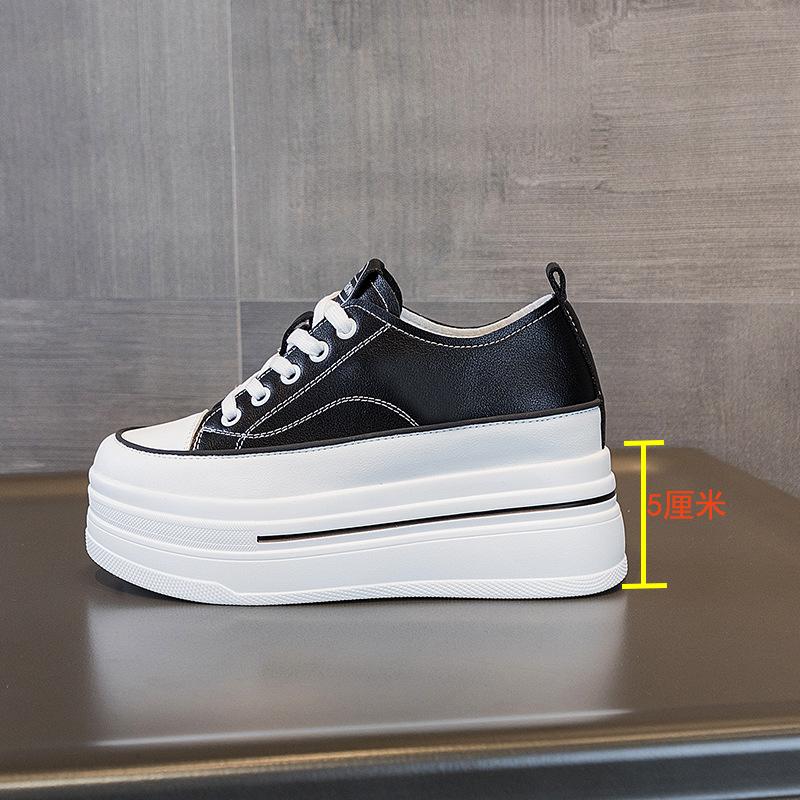 New Breathable Leather Inner Heightening Thick-soled Low-top Women's Shoes Lace-up Single-sided Muffin Delicate 8 Cm Little White Shoes Women