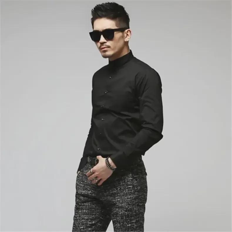 Men's Trendy White Stand Collar Slim Fit Long Sleeve Shirt