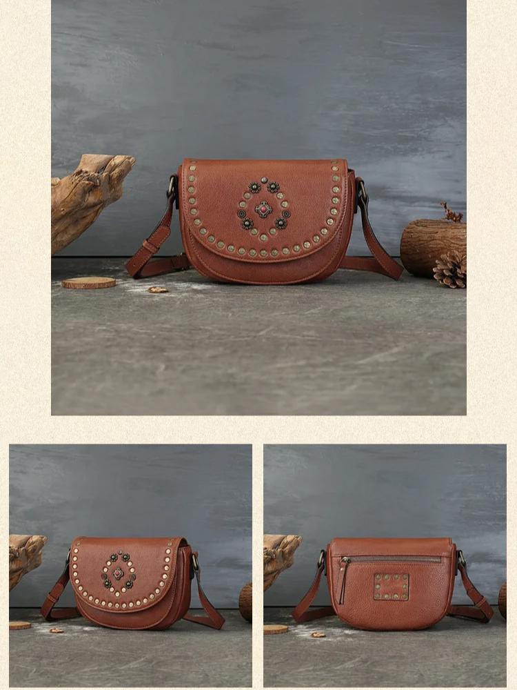 Johnature Genuine Leather Women's Saddle Bag Retro Handmade Rivet Shoulder & Crossbody Bags