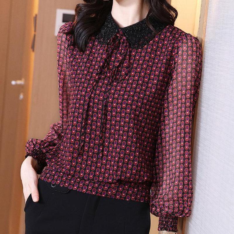 

Vintage Printed Lace Up Bow Beading Blouse Women s Clothing Spring Autumn Casual Tops Commuter Shirt 3XL