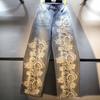 European Station Spring Clothing New Splicing Hollow Embroidery Lace Mesh High Waist Skinny Straight Jeans Trousers