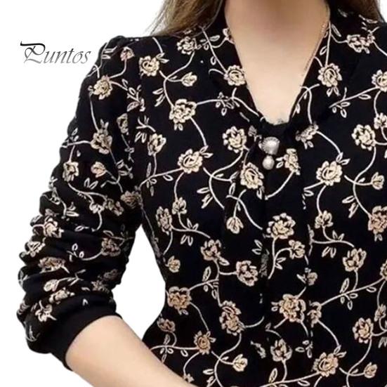 Women Tie Shirt V-neck Long Sleeve Pullover Tops Printing Faux Pearl Loose Fit Blouse Plus Size Streetwear