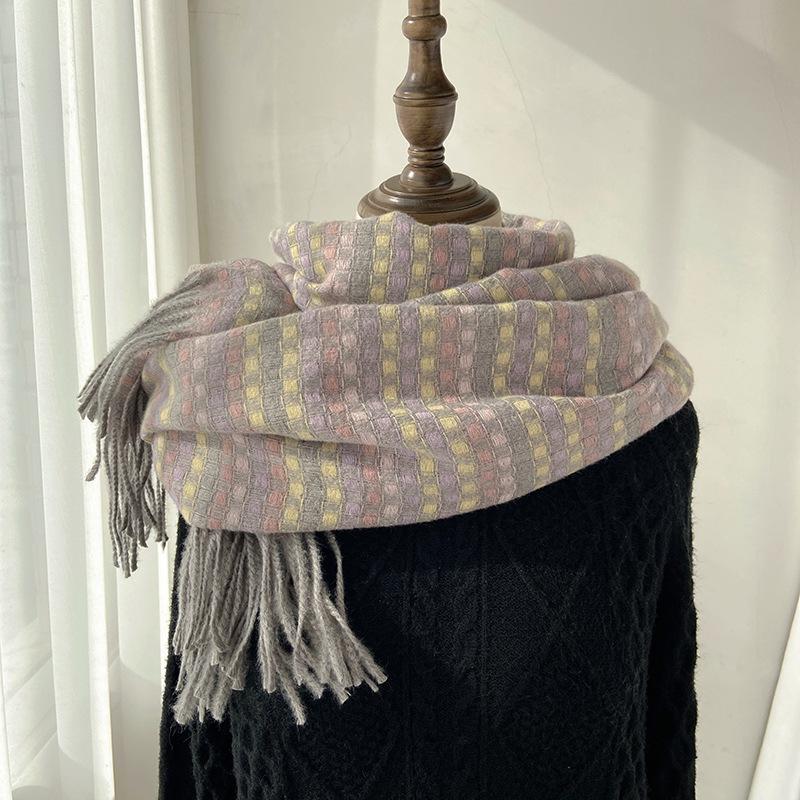Scarf Women's Autumn and Winter New Color Plaid Warm Thickened Scarf Imitation Cashmere Fringed Shawl