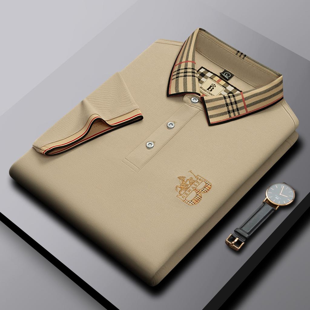 Summer Men'S Plaid Polo Shirt With A Turn-Down Collar Loose Fit Large Size Business Casual Dad-Style Short-Sleeve T-Shirt