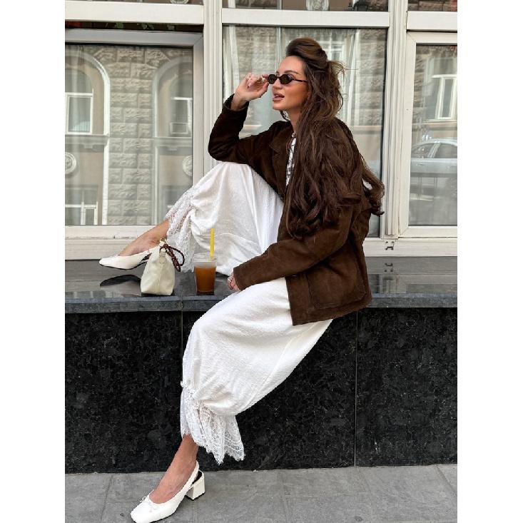 Linad Vintage Loose Lace Pencil Pants For Women White Elegant Elastic Waist Trousers Street Chic Ankle Length Pants 2025 Summer